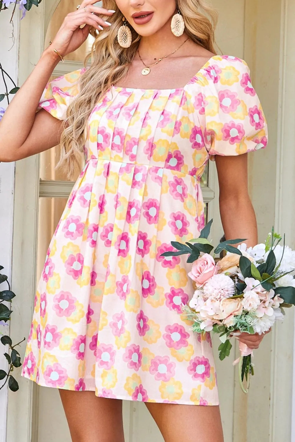 Floral Square Neck Puff Sleeve Pleated Flared Midi Dress