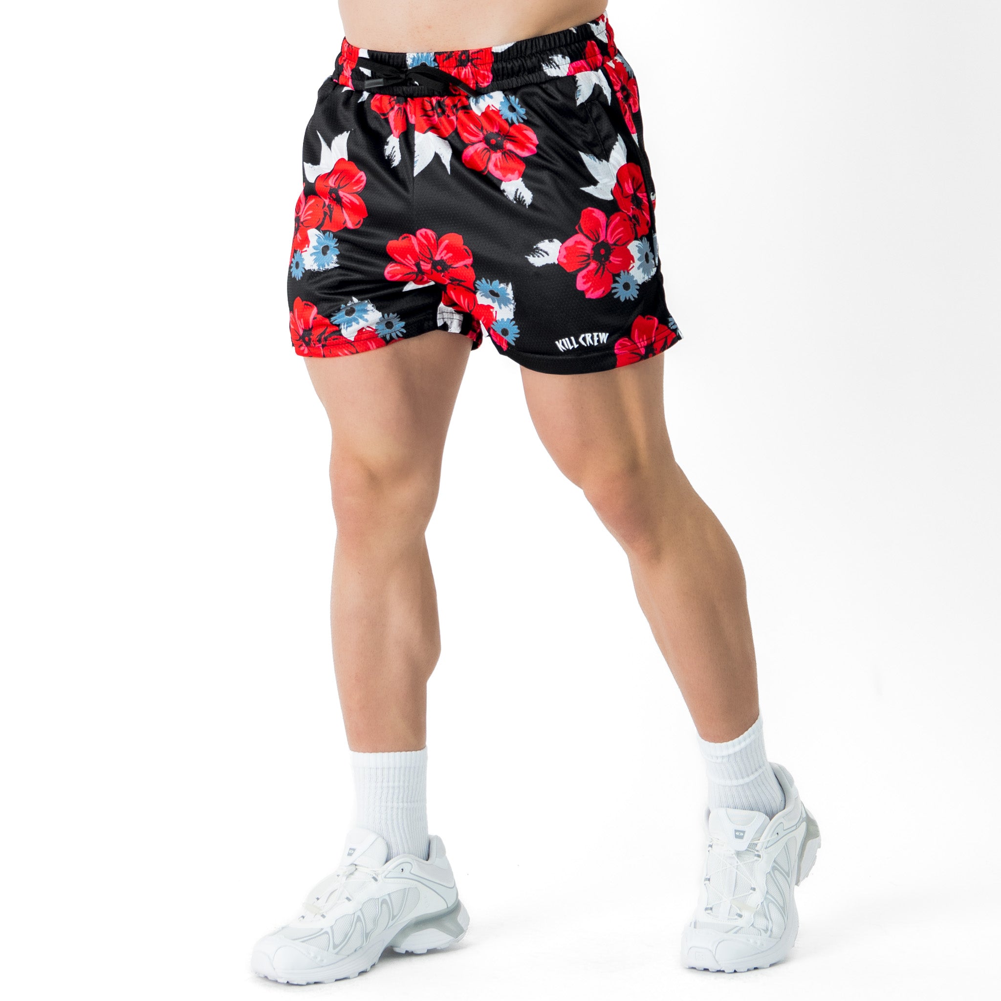 MUAY THAI SHORTS (MID THIGH CUT) FLORAL - BLACK
