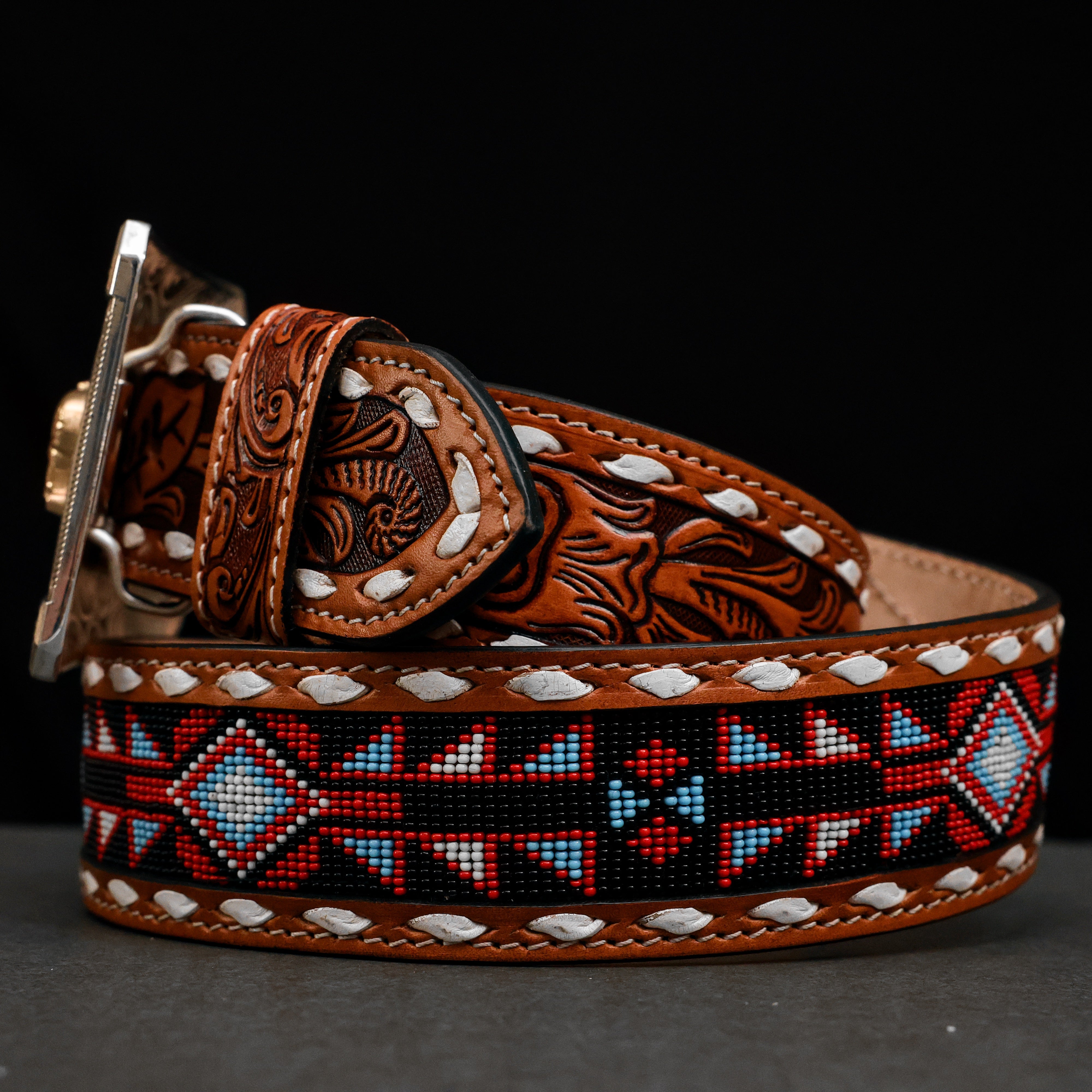 2 Inch Hand-Tooled Artesanal Beaded Leather Belt