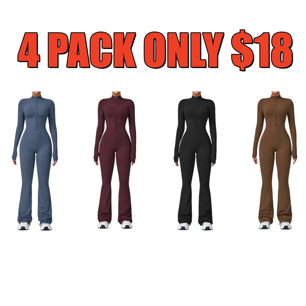 Women's Long Sleeve Flared Sports Jumpsuit - Zipper Jumpsuit