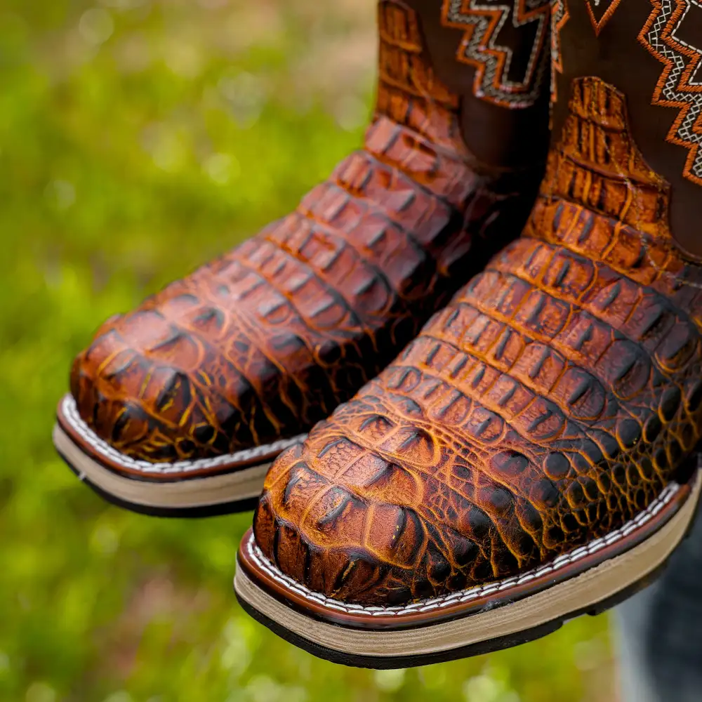 Honey Cognac Caiman Neck Leather Boots With 3D Lightweight Sole - Composite Toe