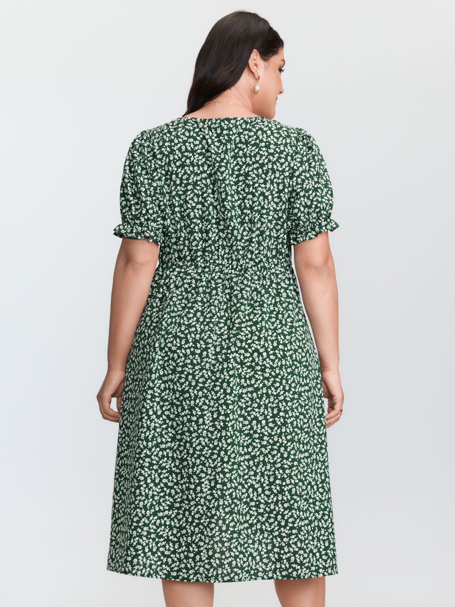 Micro Floral Print Ruched Button Detail Midi Dress