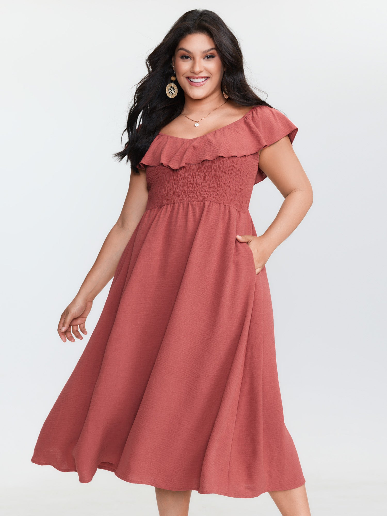 Ruffled Neckline Shirred Flowy Midi Dress