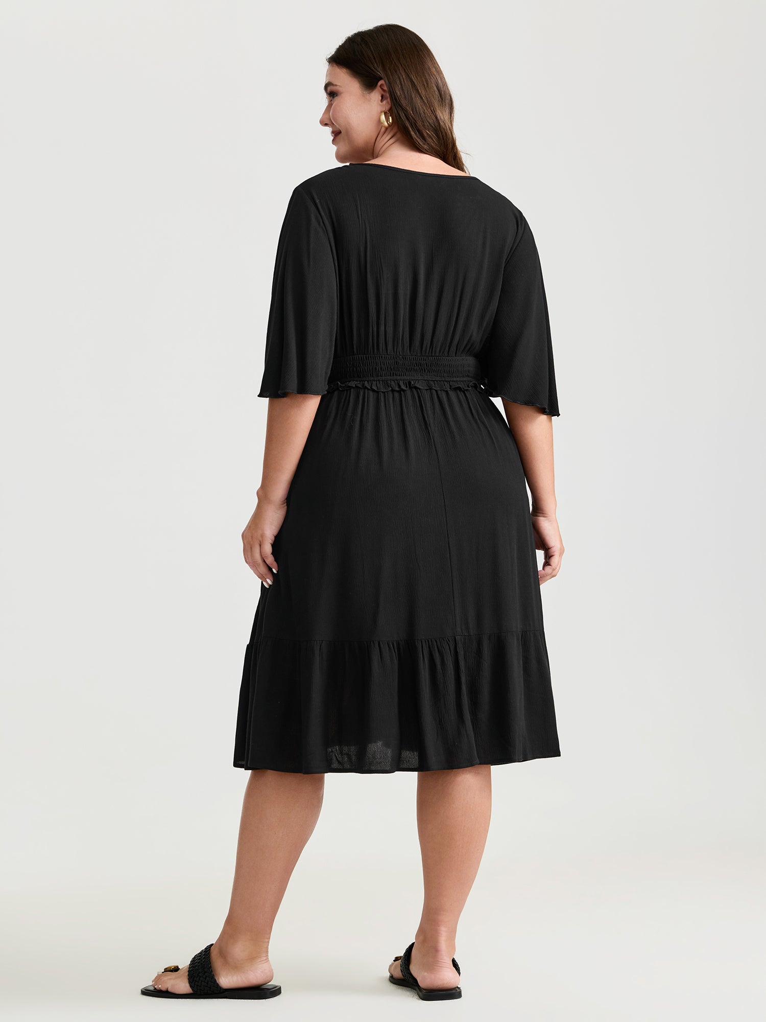 Crepe Shirred Ruffled Sleeve Mini Dress