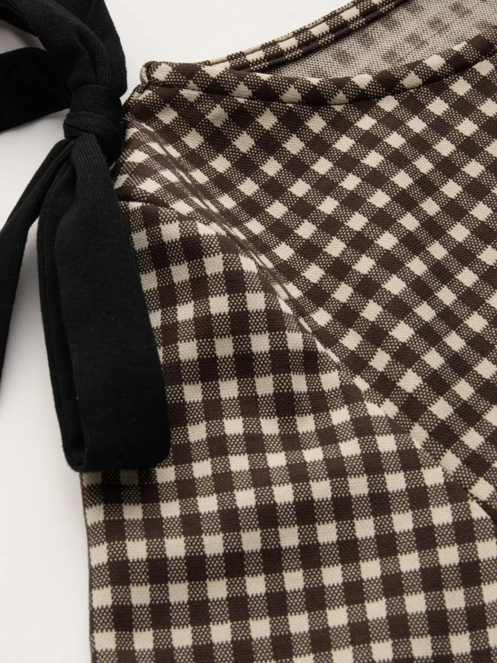 Boat Neck Gingham Bowknot Ruched Long Sleeve Top