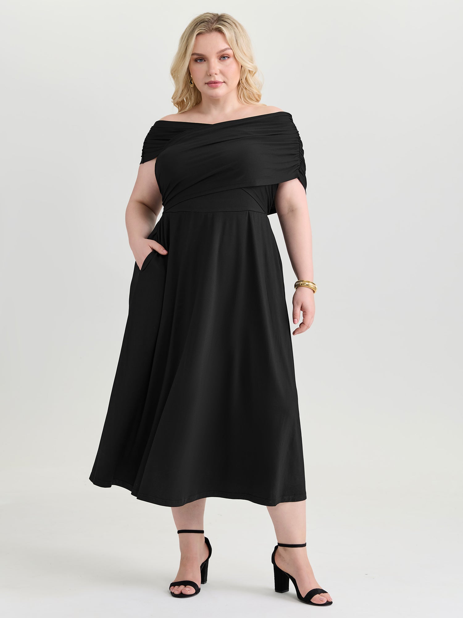 Ruched Overlap Bodice Fit And Flare Midi Dress