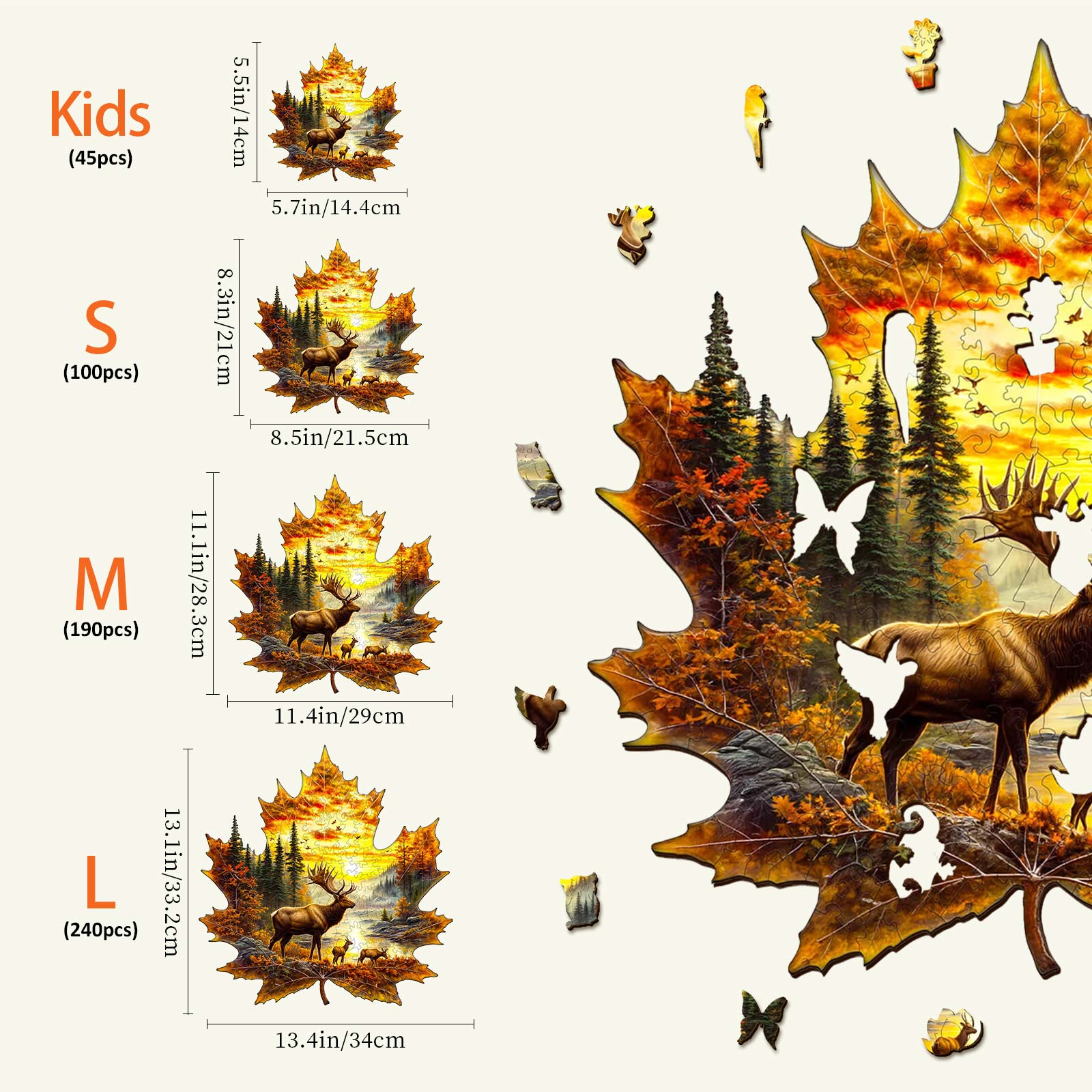Elk and maple leaves Wooden Jigsaw Puzzle