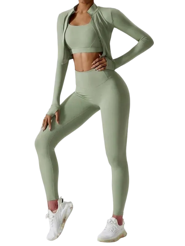 Women’s 3-Piece Workout Set – Sports Bra, Leggings & Zip Jacket with Thumbholes