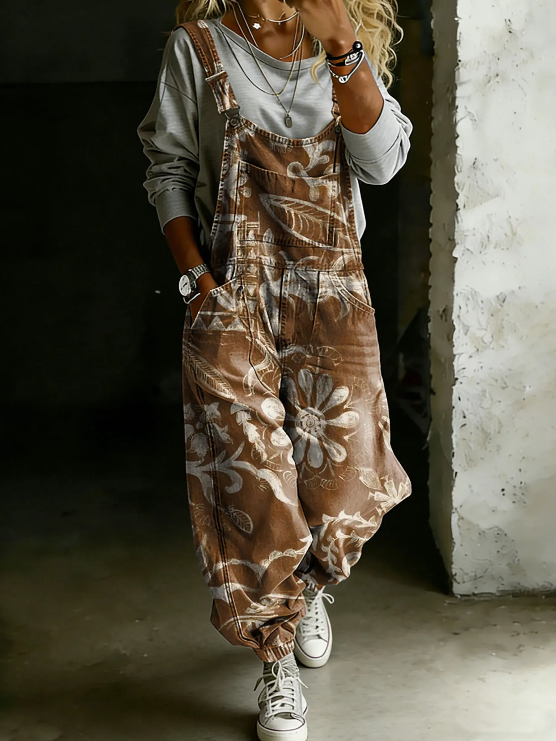 Women’s Vintage Ethnic Floral Art Print Casual One Piece Denim Jumpsuit