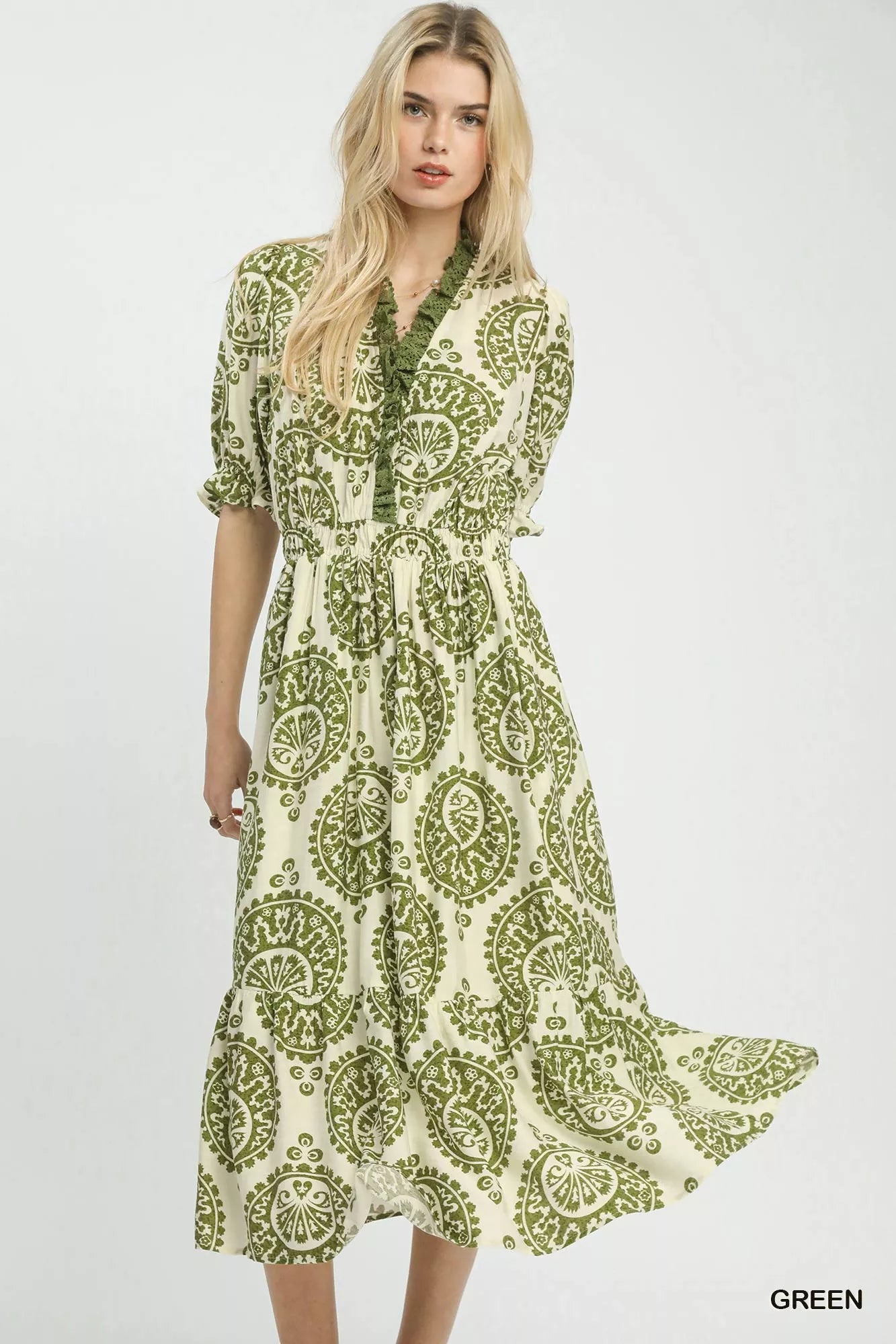 Umgee Paisley Smocked Waist Midi Dress