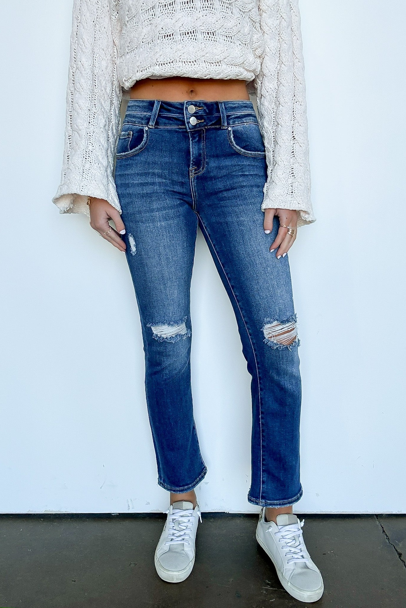 High Rise Distressed Slim Straight Jeans