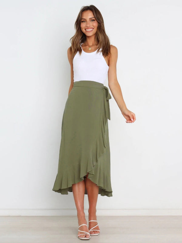 Waist Tie Solid Color Irregular Midi Flare Skirt