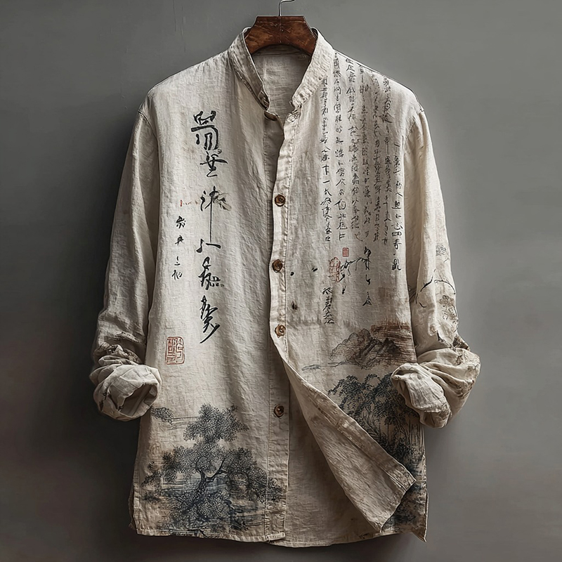 Japanese-style Calligraphy Art Linen Shirt