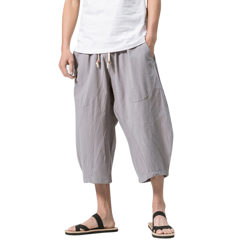 Men's Vintage Japanese Pocket Cotton Linen Casual Capri Pants