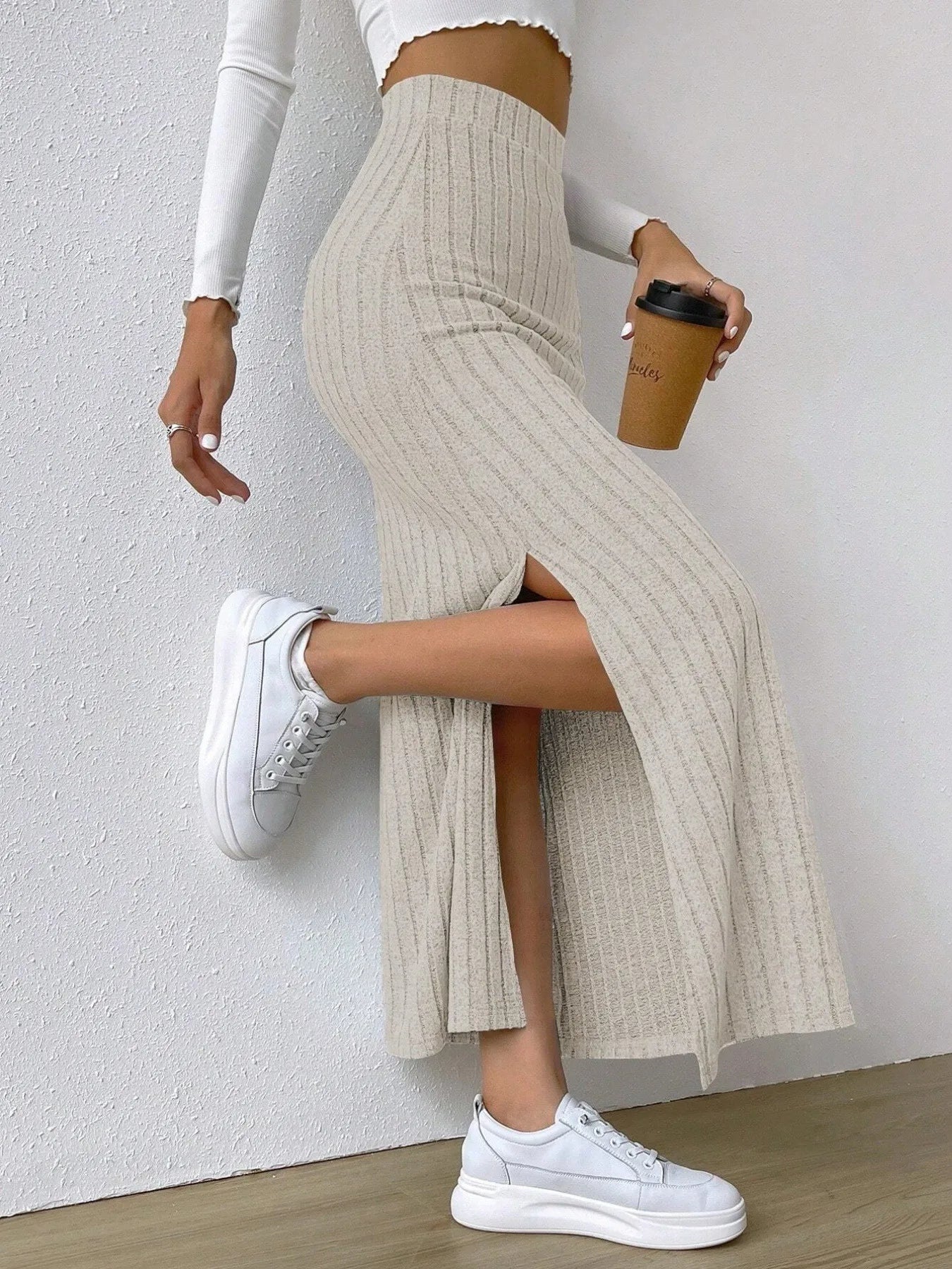 High Waist Ribbed Knit Maxi Skirt