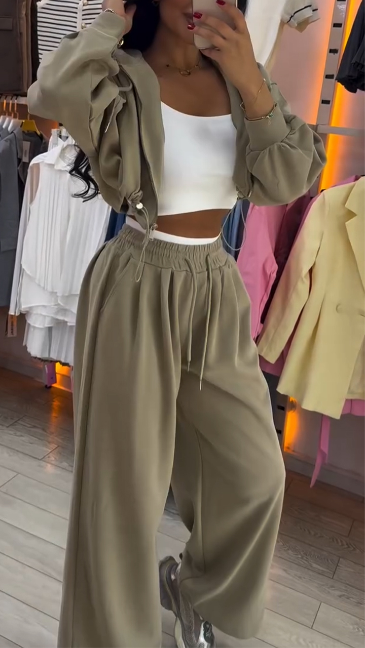 Womens Round Neck Zipper Cardigan + Drawstring Pants Casual Set