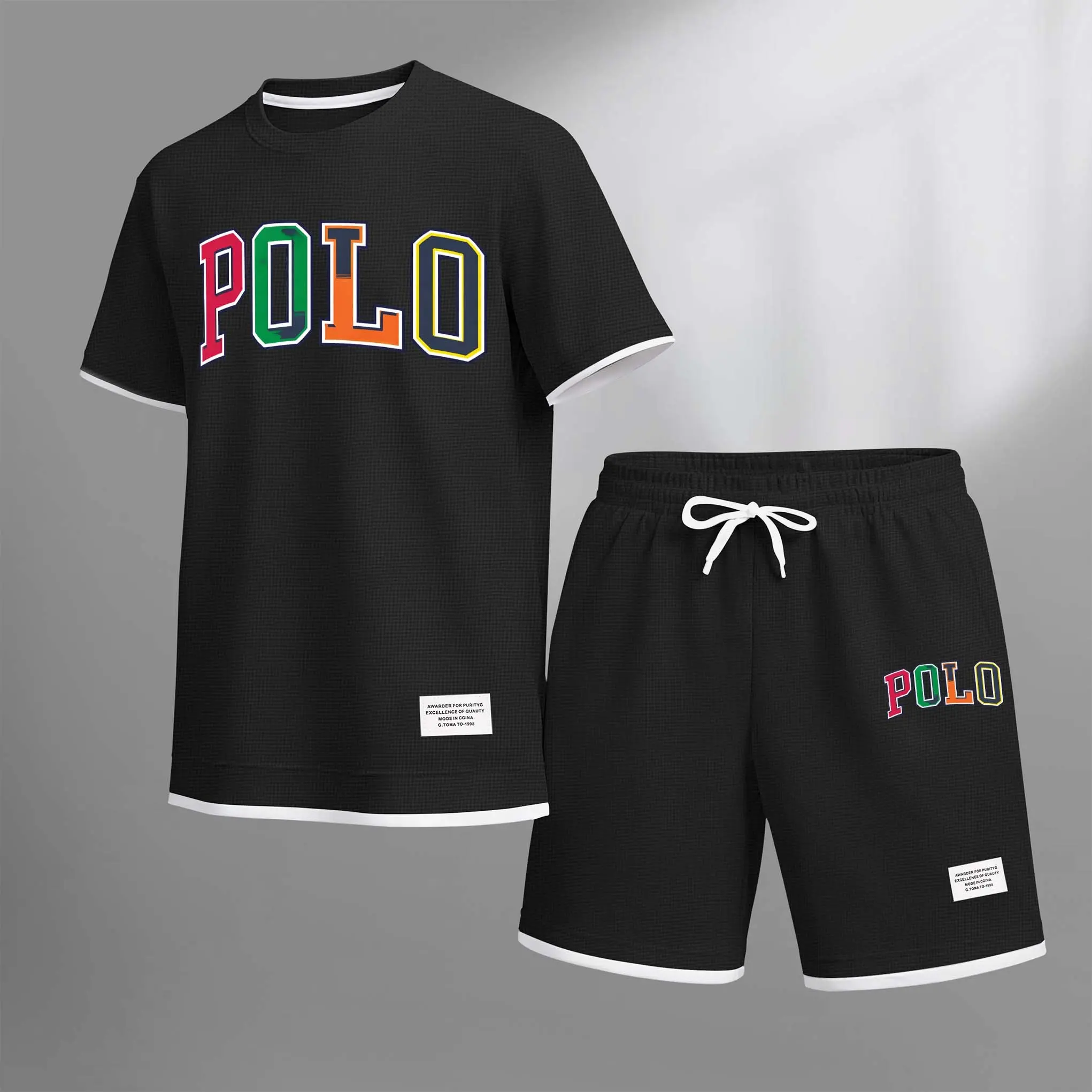 Men's Polo Print Drawstring Shorts Set For Spring/Summer