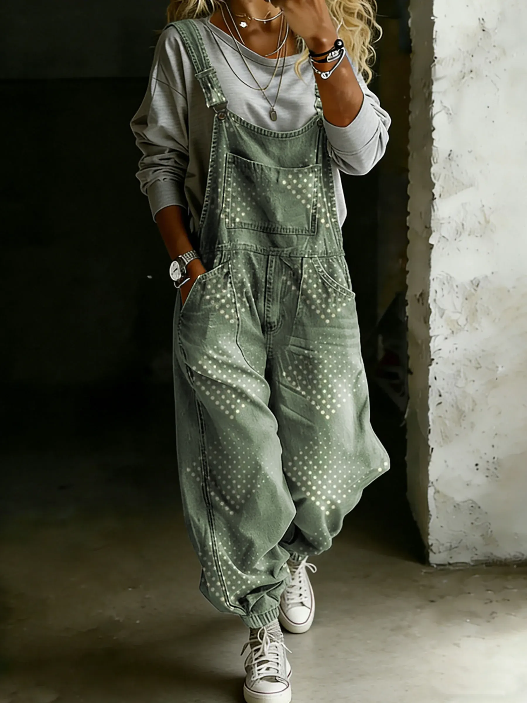 Women’s Vintage Green Art Print Casual One Piece Denim Jumpsuit