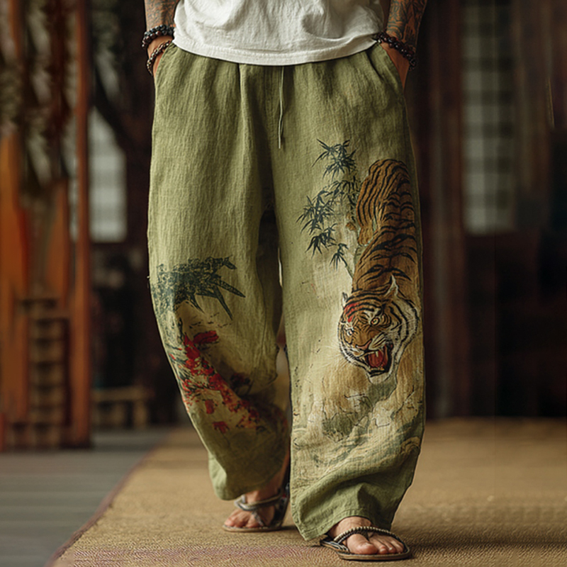 Men's Japanese Tiger And Bamboo Pattern Contrast Wide Leg Linen Pants