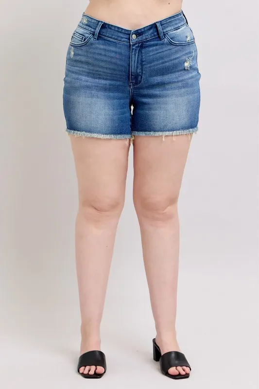 V-Front Denim Shorts with Shield Pockets