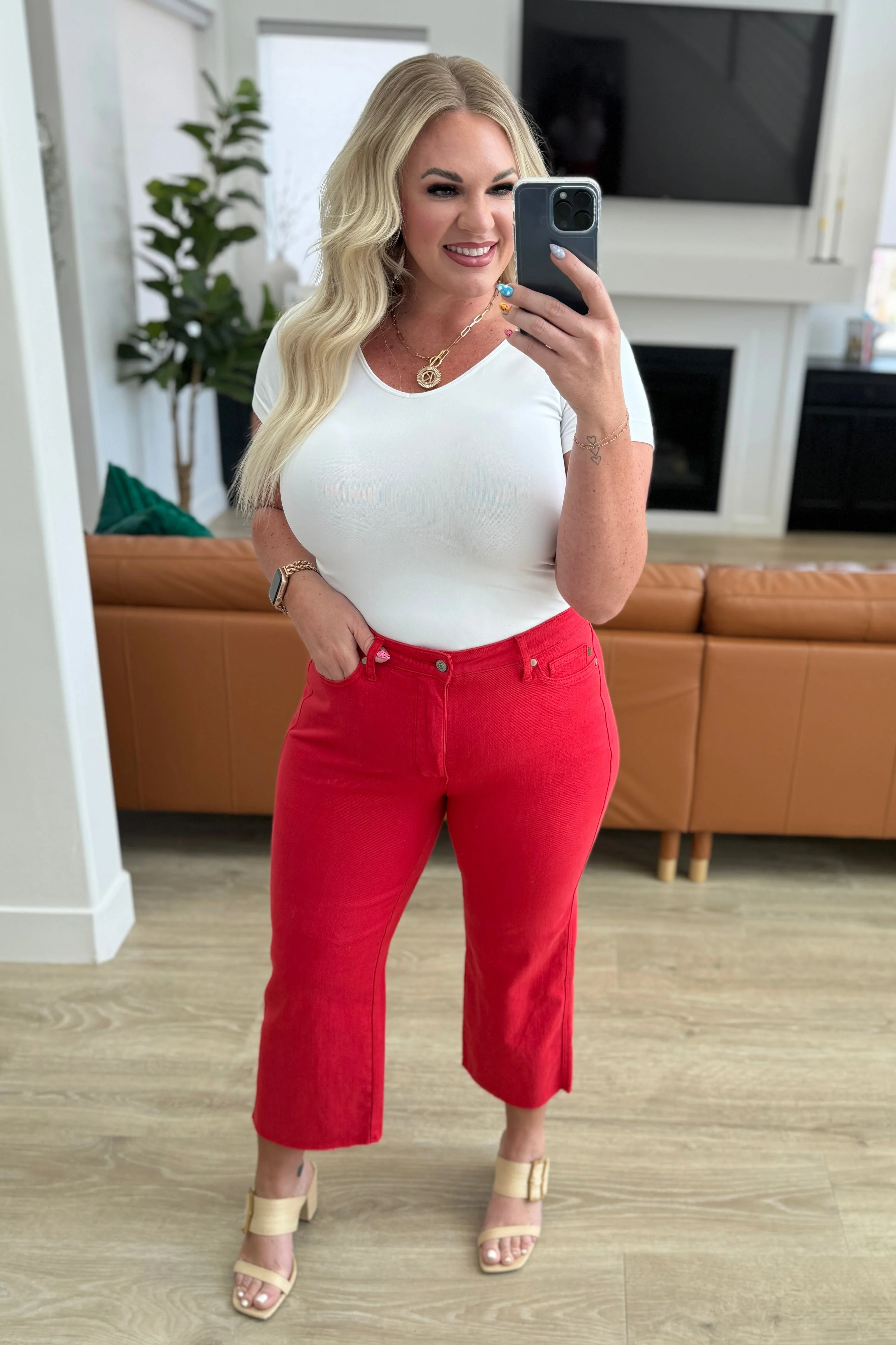 High Rise Control Top Wide Leg Crop Jeans in Red