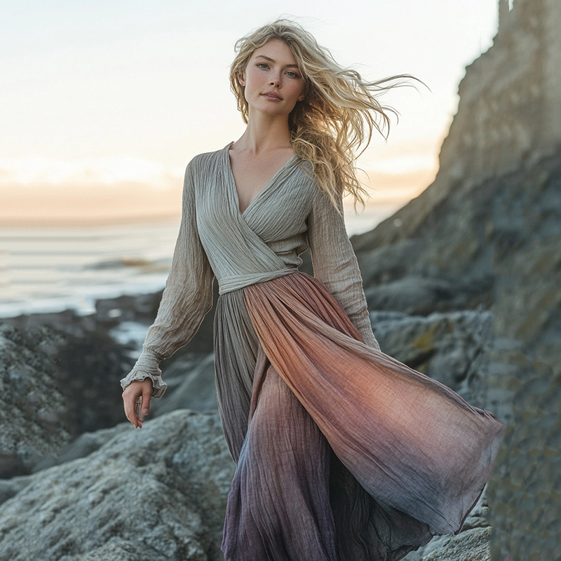 Women's Gradient Long Sleeve Casual Maxi Dress b306