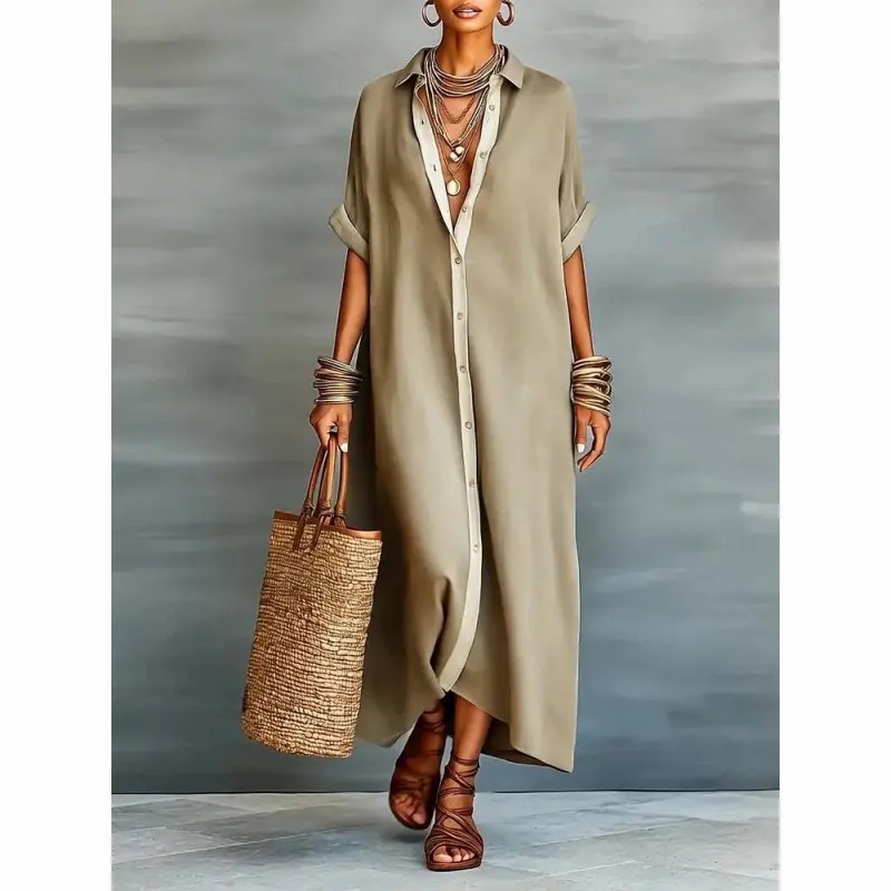 Women’s Minimalist Linen Blend Short-sleeved Shirt Maxi Dress