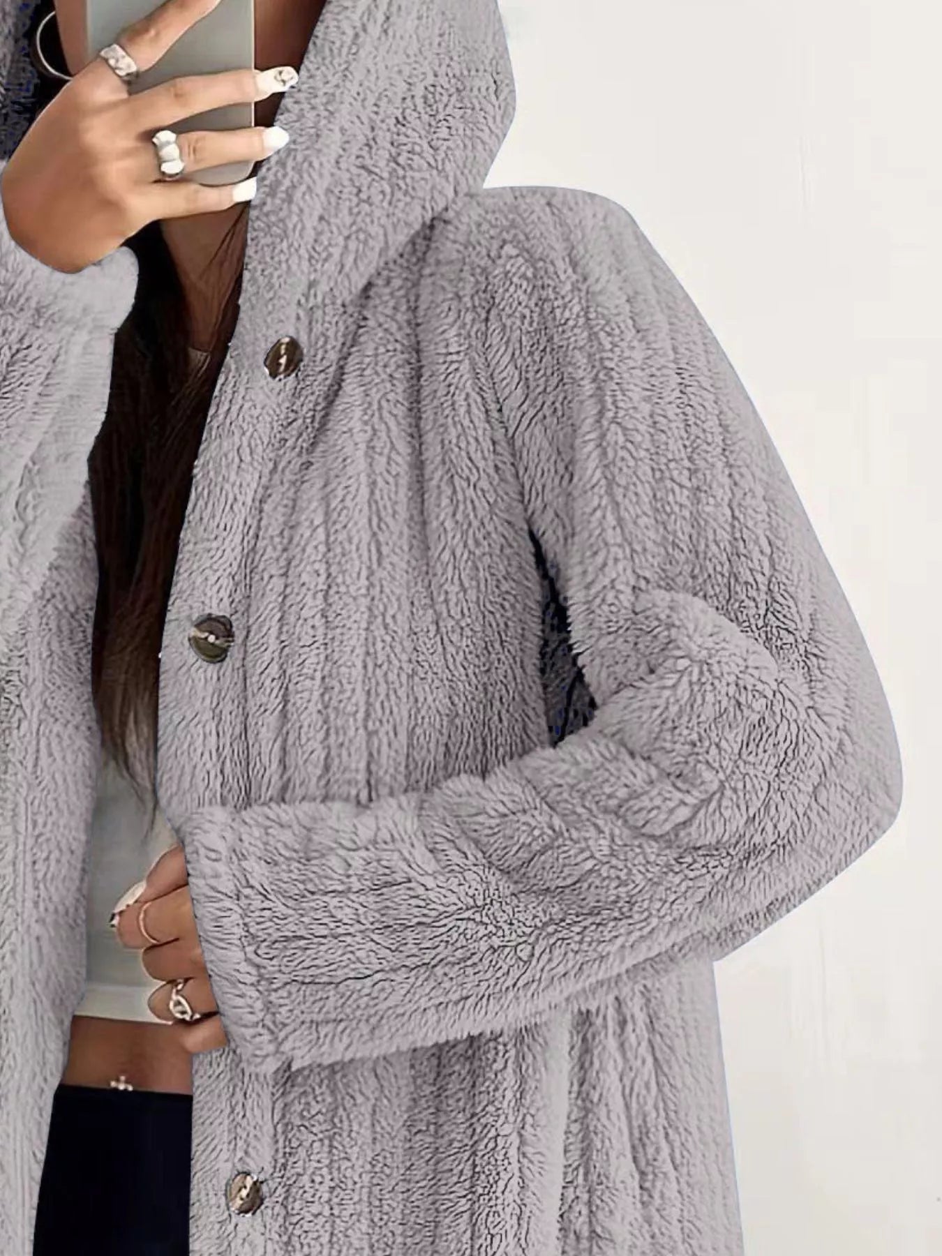 Full Size Fleece Button Up Hooded Outerwear Plus Size