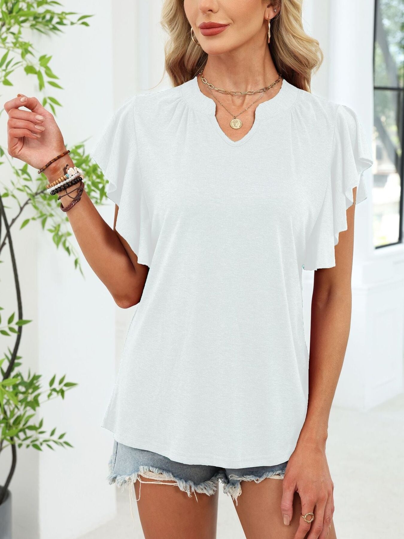 Ruffle Sleeve Notched T-Shirt