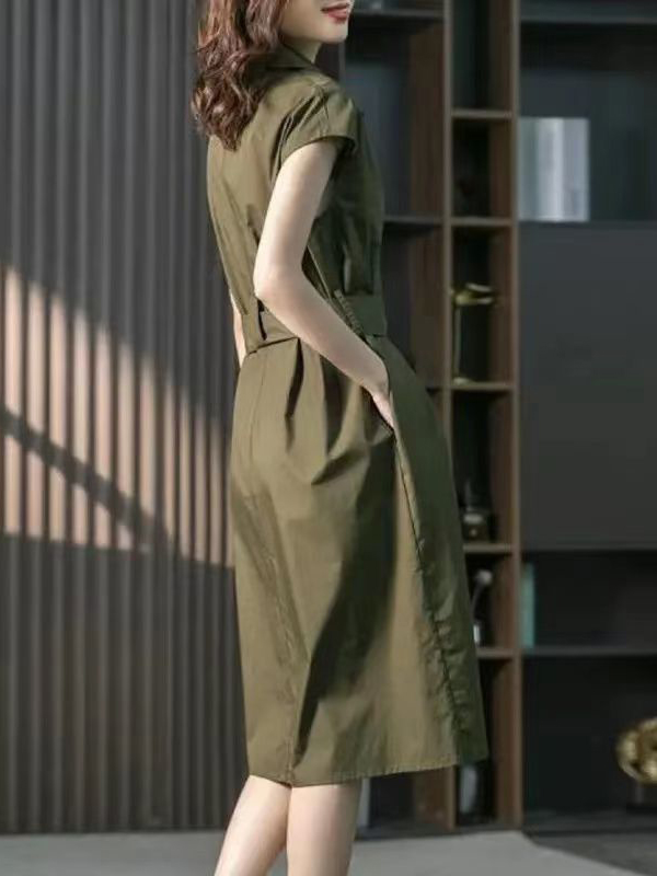 Bandage Solid Color Plus Size Short Sleeves Lapel Midi Dresses