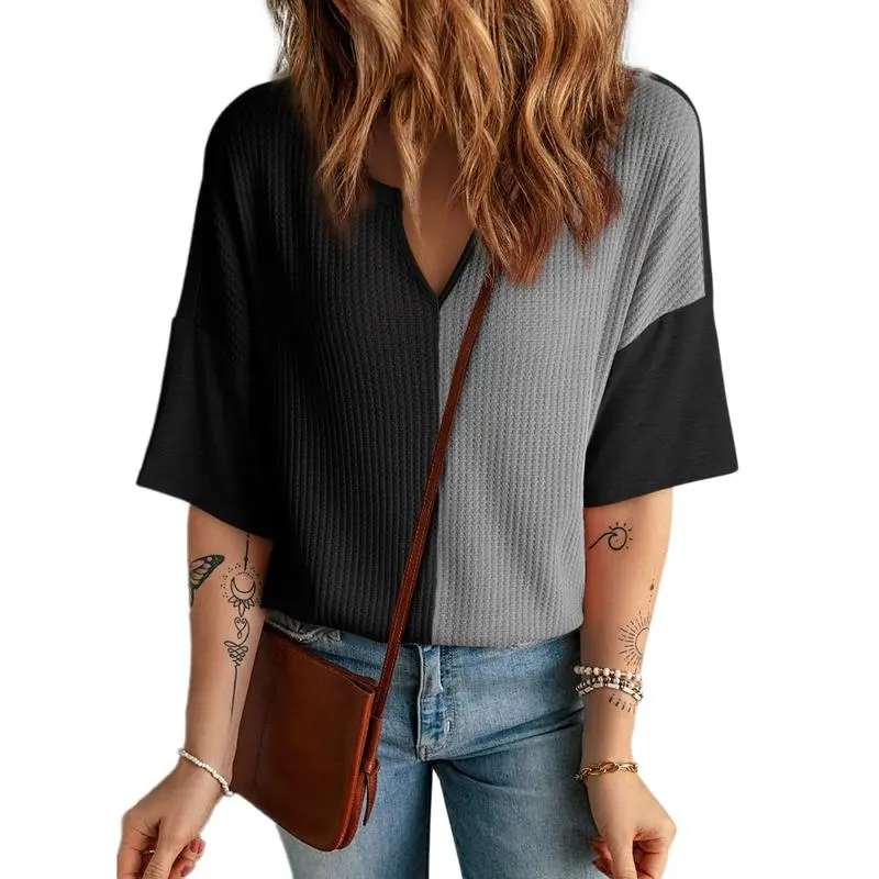 Womens Half Sleeve Waffle Knit Shirts V Neck Colorblock Blouses