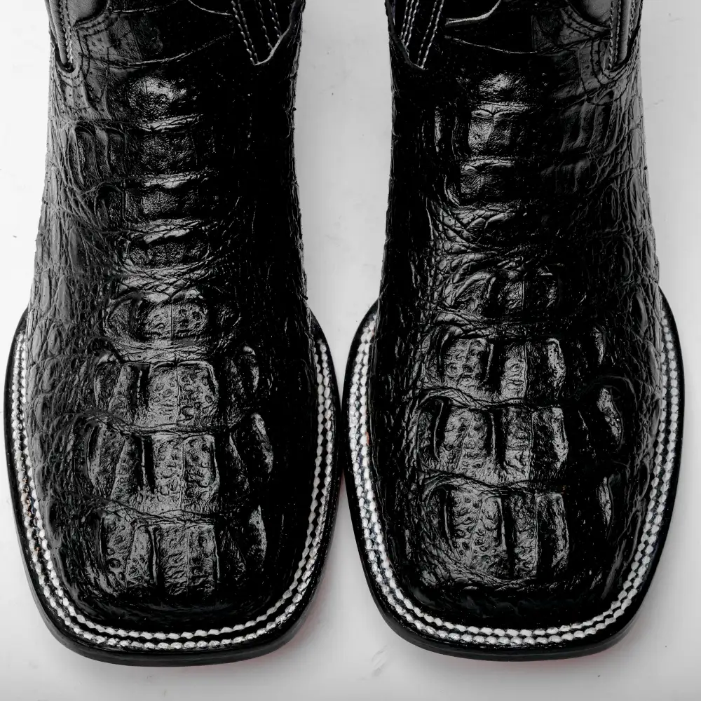 Black Caiman Neck Leather Boots - Square Toe