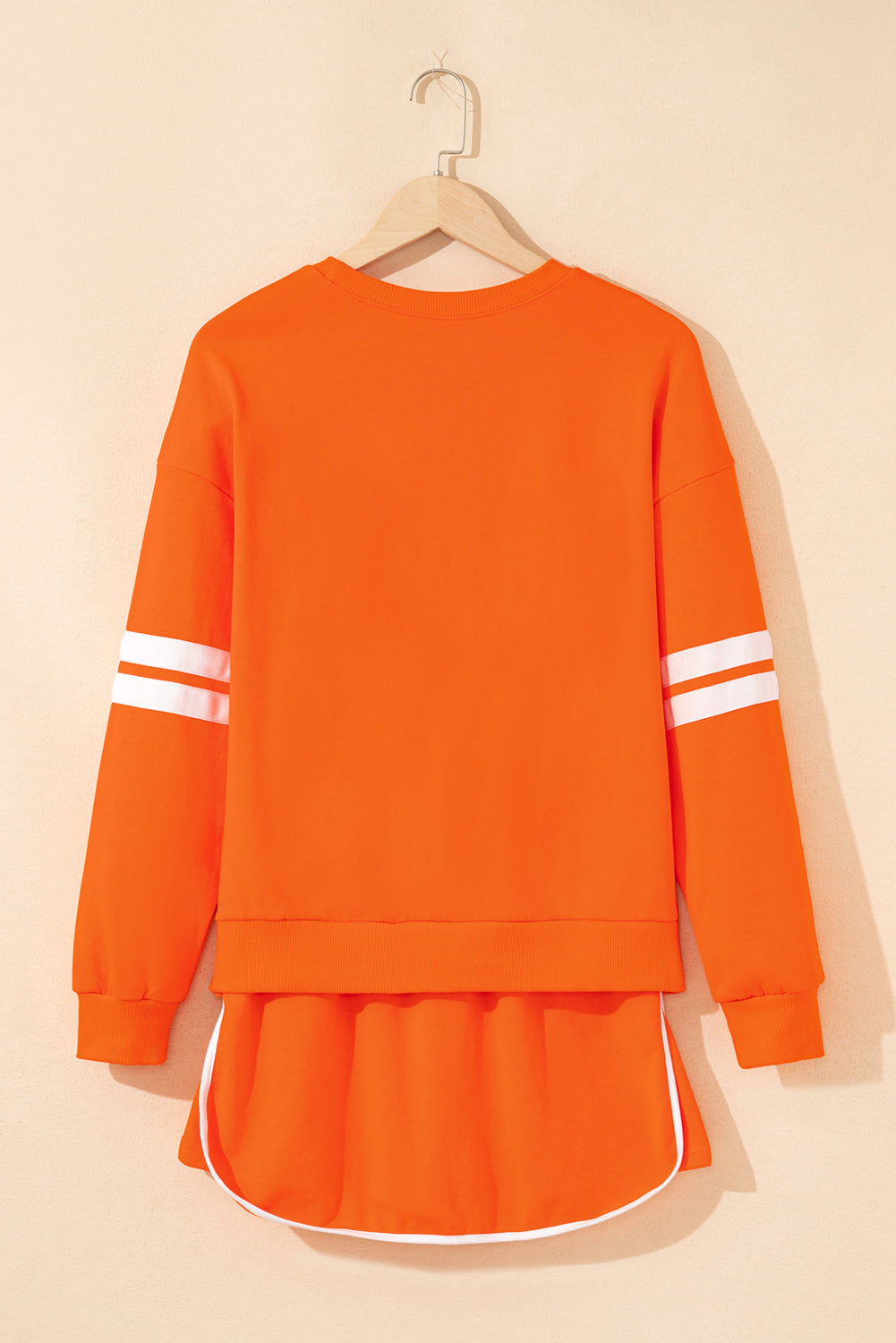 Orange Varsity Stripe Detail Drop Shoulder Pullover Mini Skirt Set