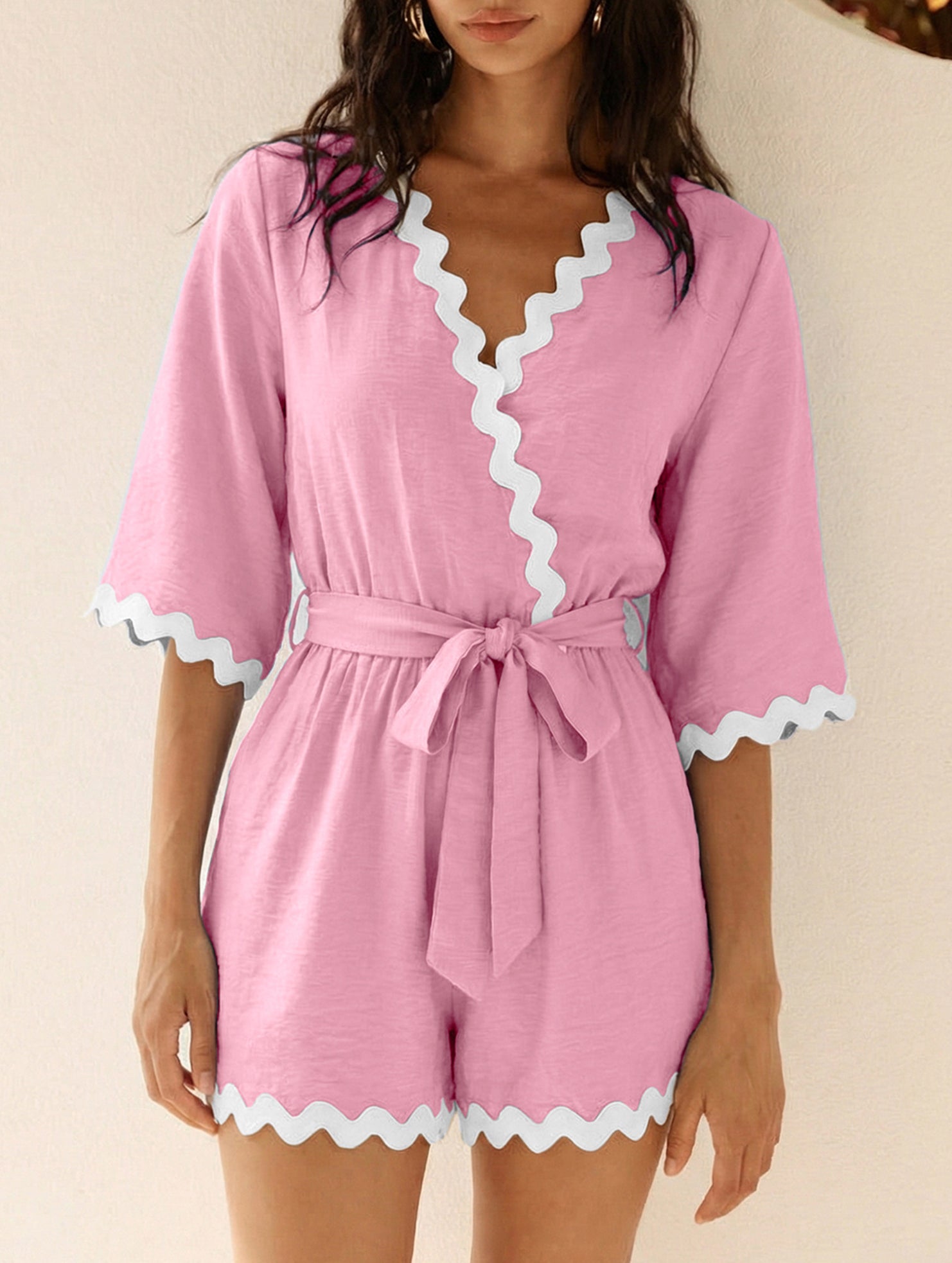 V Neck Lace Trim Romper