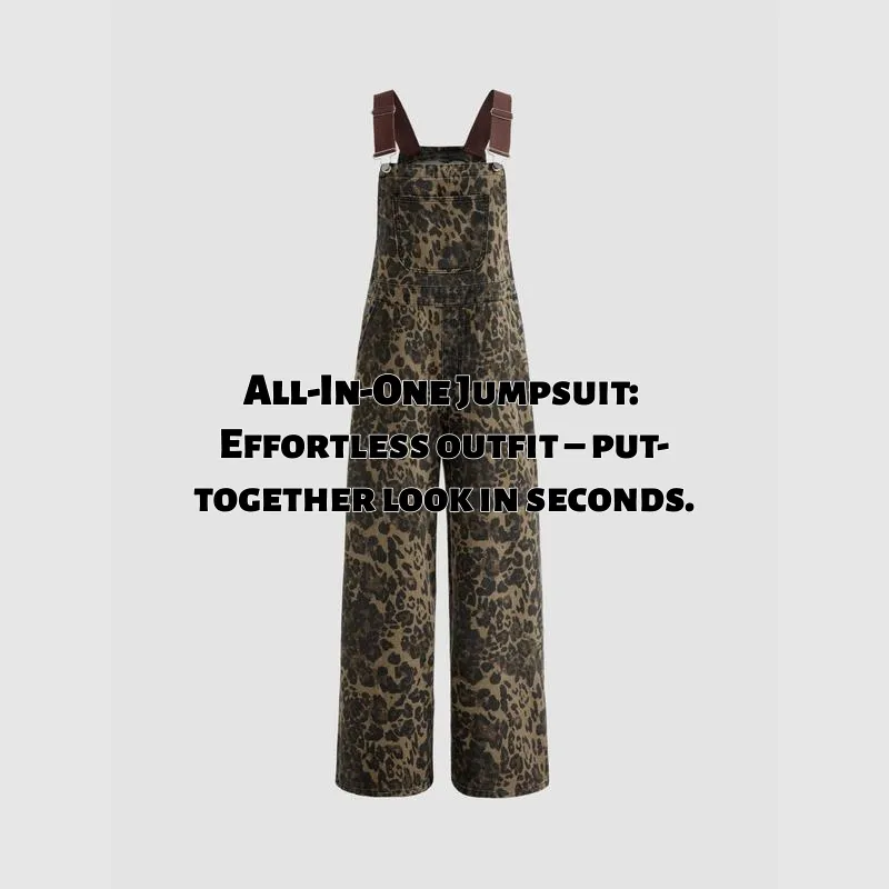 Women's Leopard Buckle Oversized Denim Wide Leg Jumpsuit