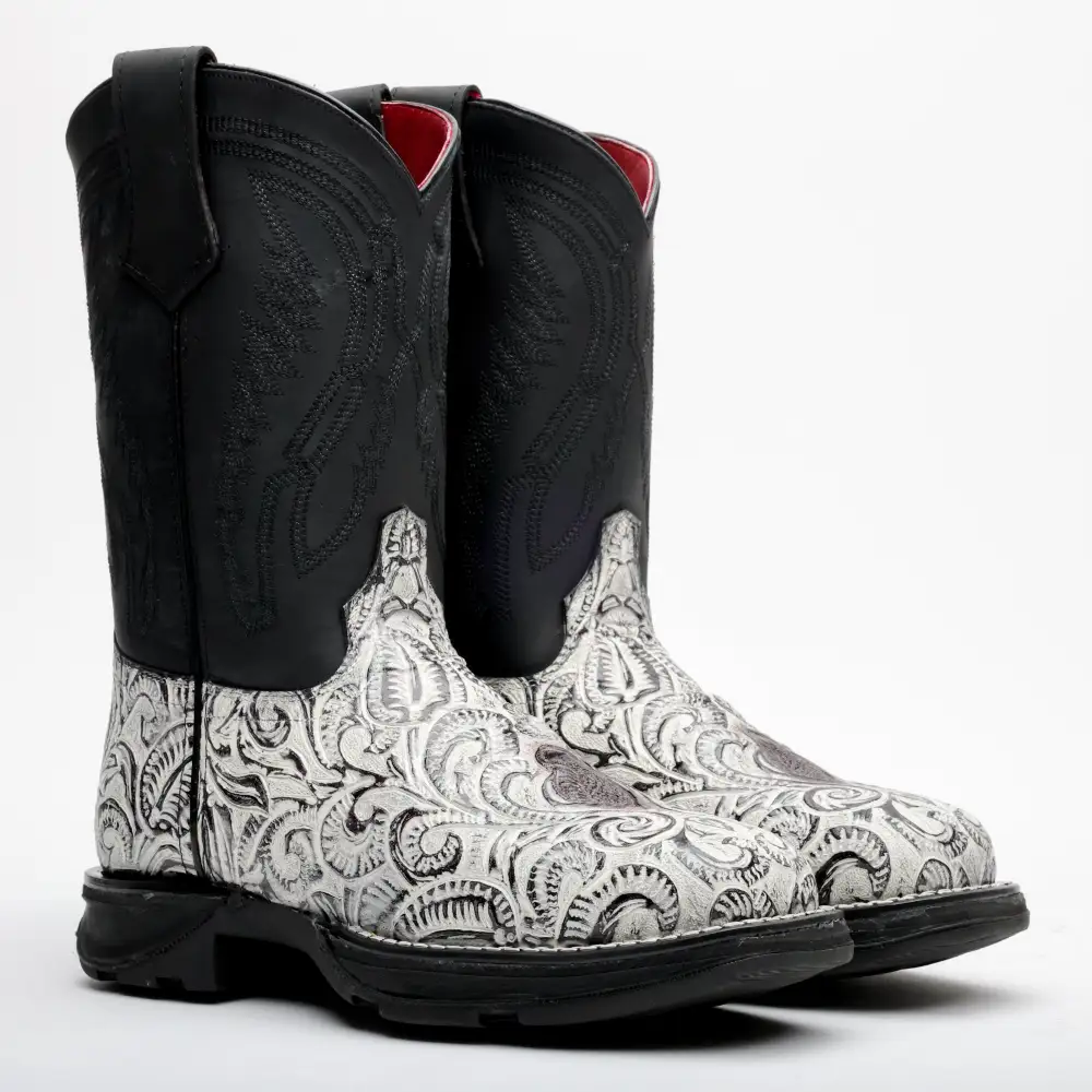Snow White Hand-Tooled Leather Boots With 3D Lightweight Sole - Composite Toe