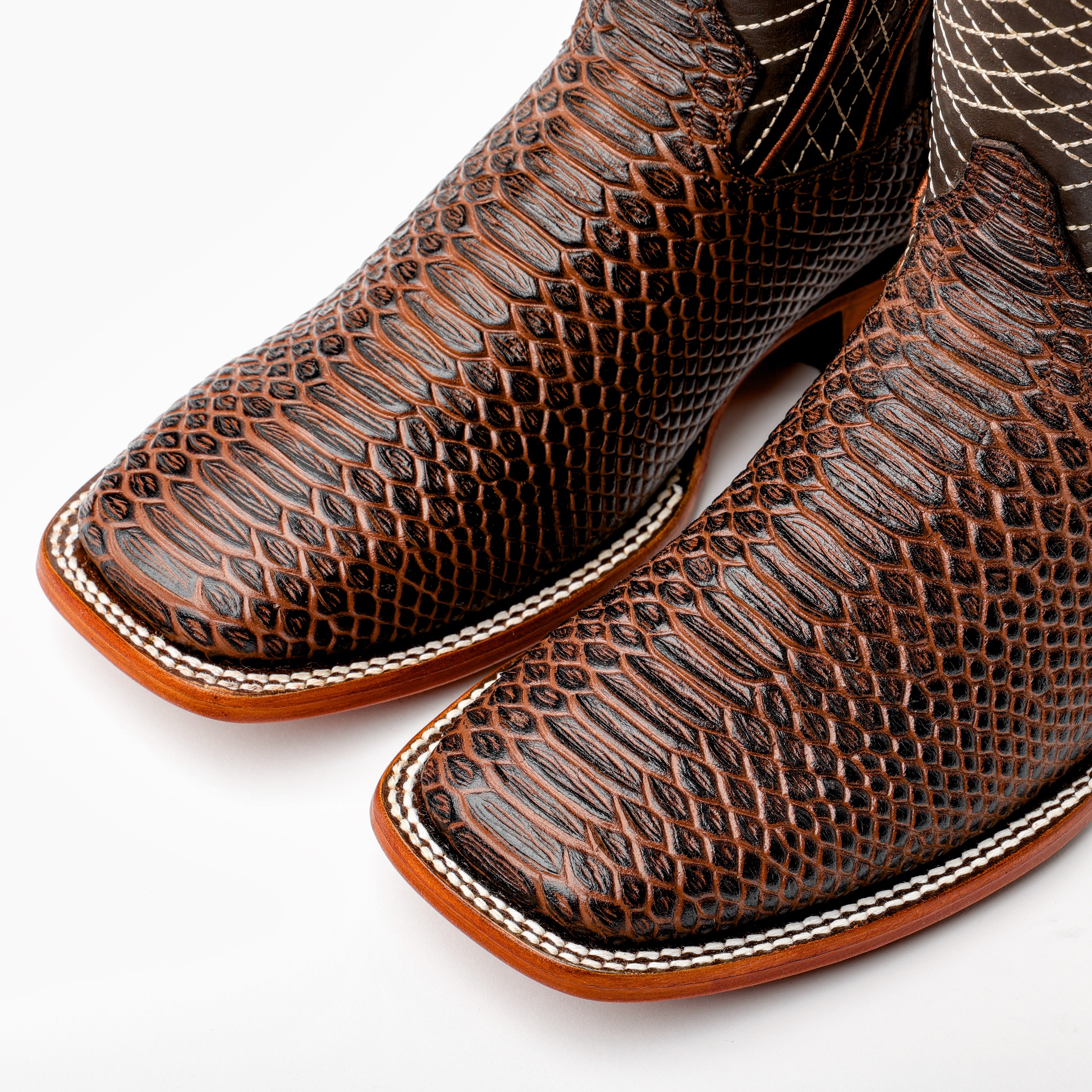 Chocolate Brown Python Leather Boots -Square Toe