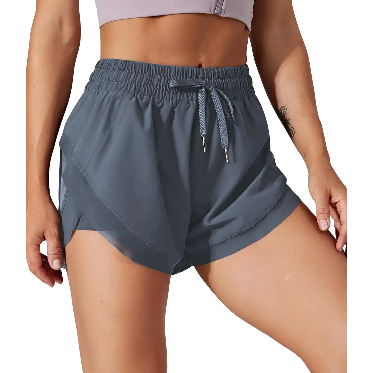 🏃Women’s 2-in-1 Mesh Active Shorts – Flowy Overlay & Adjustable Drawstring