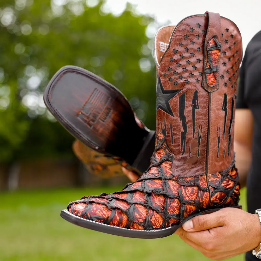 JUMBO Cognac Pirarucu Leather Boots - Square Toe