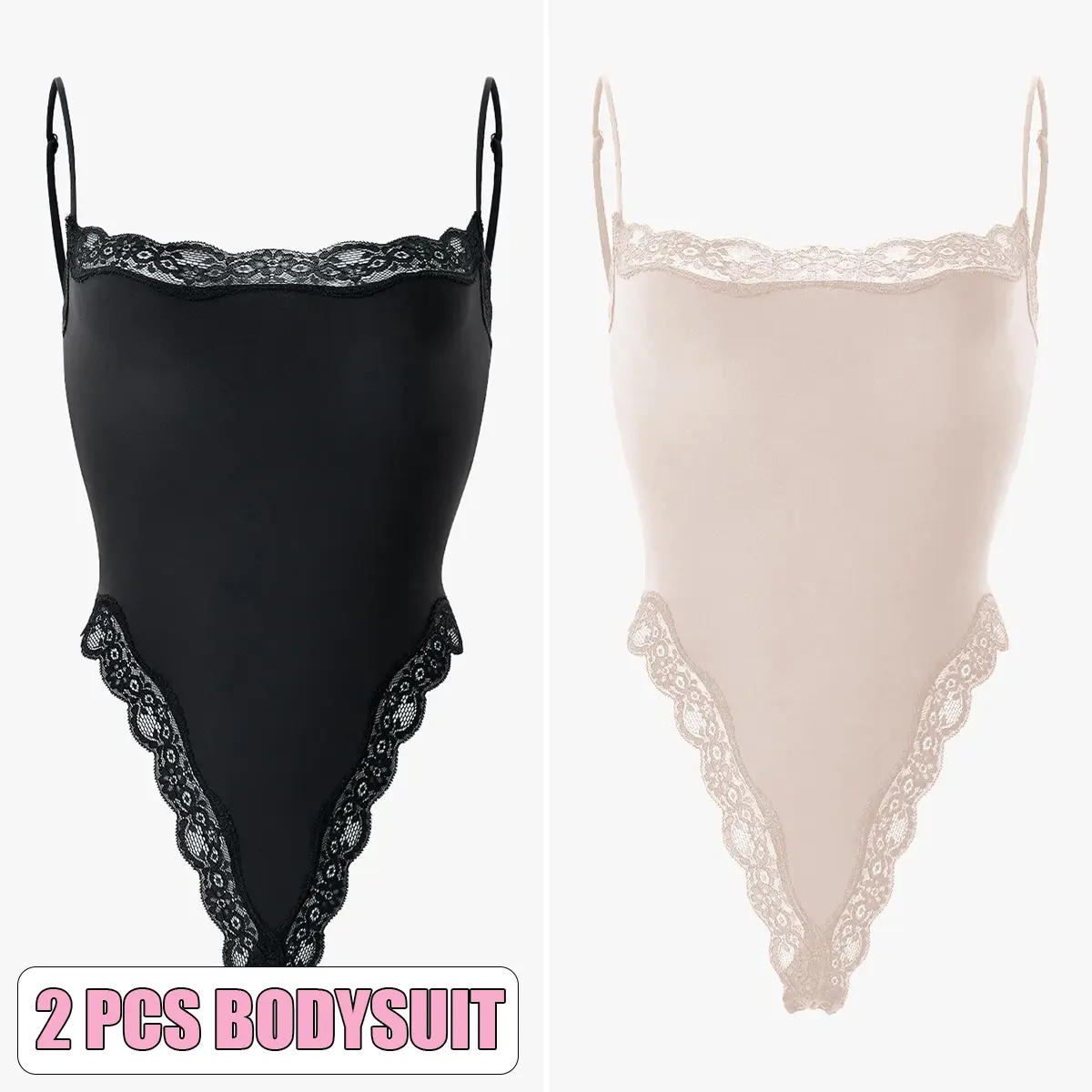 KatchMe Lace Series Women's Simple Style Spaghetti Strap Lace Trim Breathable Bodysuit