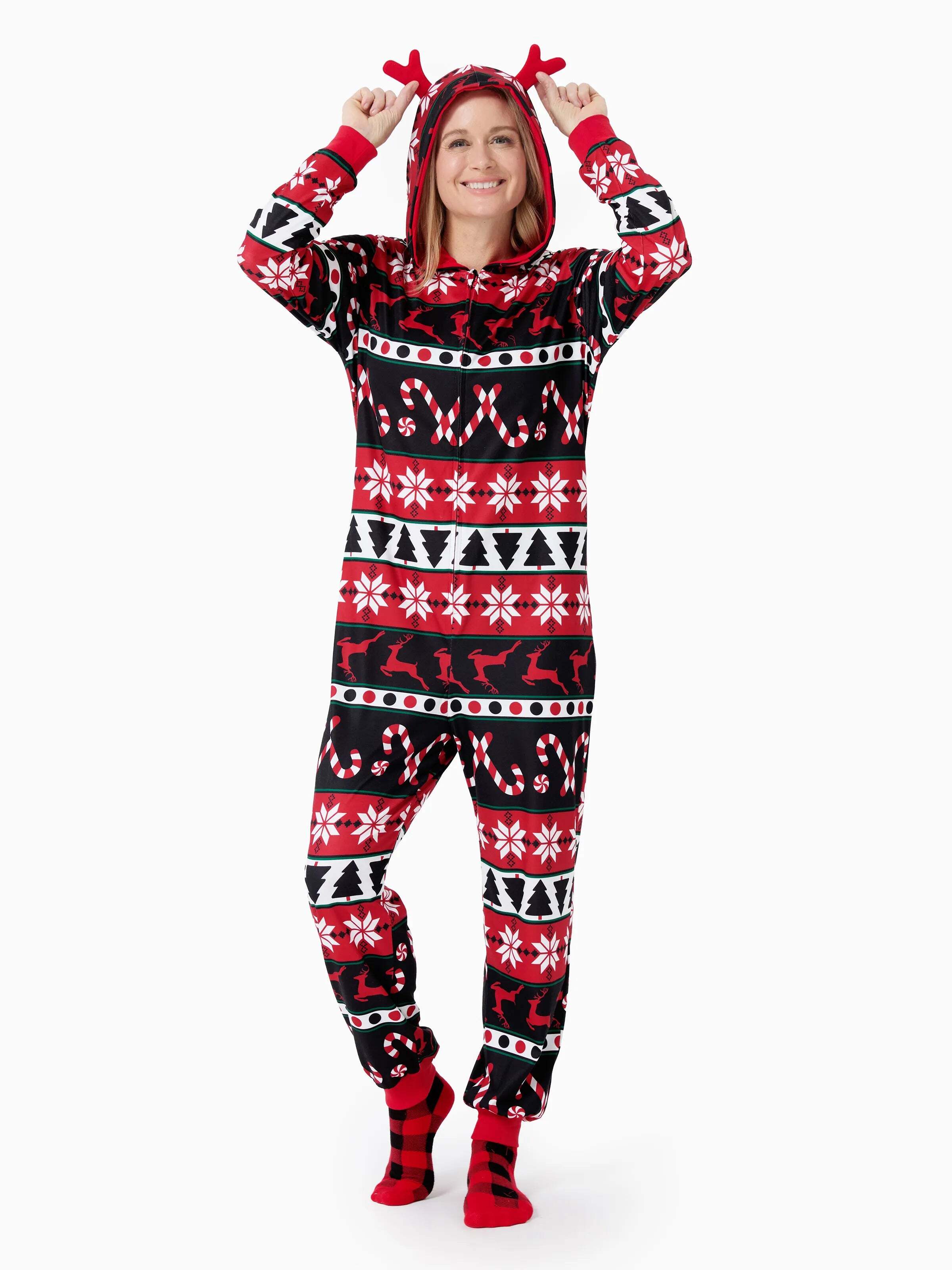 Christmas Pajamas 3D Reindeer Pattern Zipper Hooded Onesies Matching Family Outfits red/black