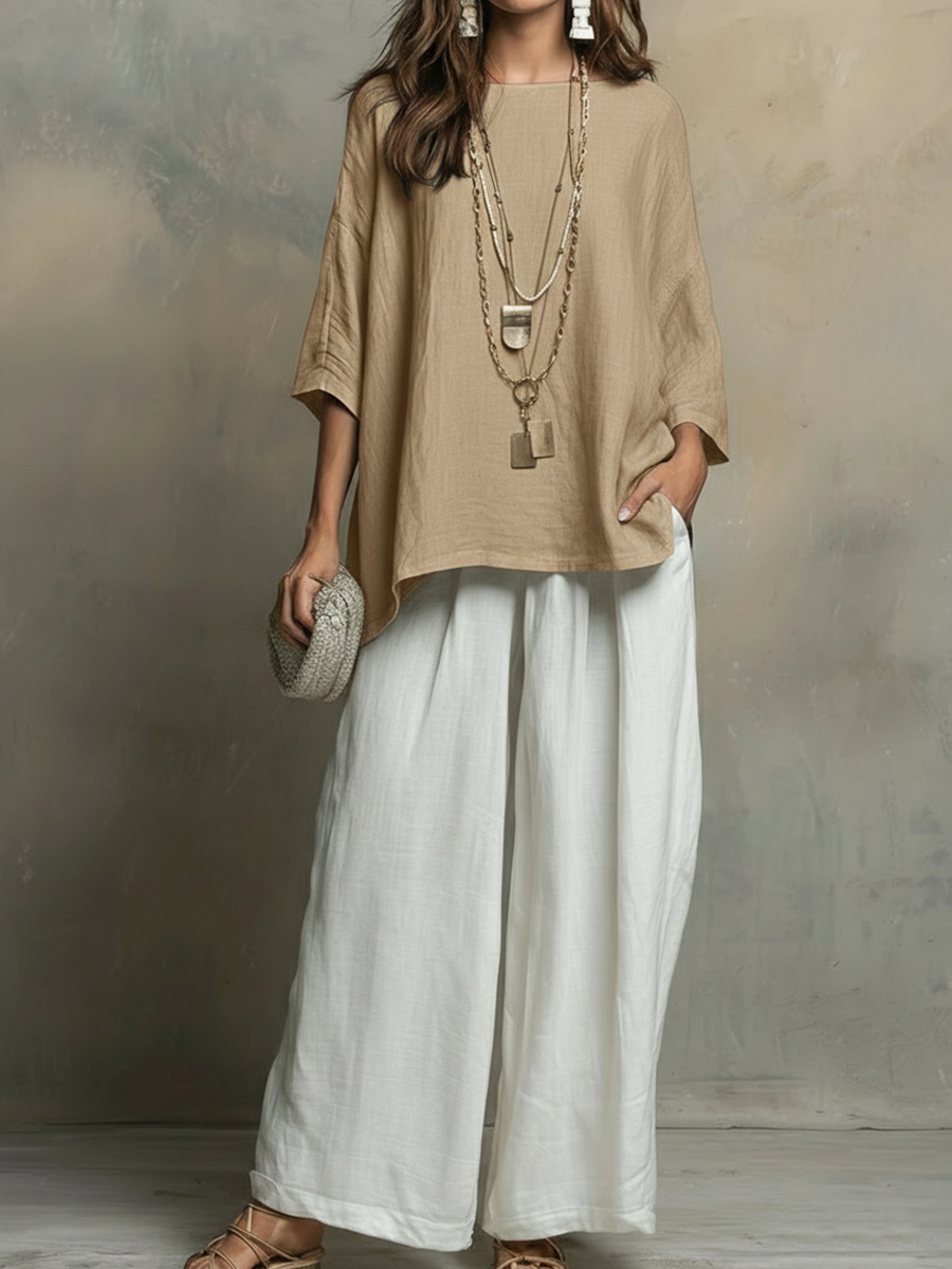 Cozy Cotton-linen Irregular Top And Wide-leg Pants Two-piece Set