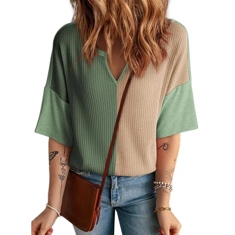 Womens Half Sleeve Waffle Knit Shirts V Neck Colorblock Blouses