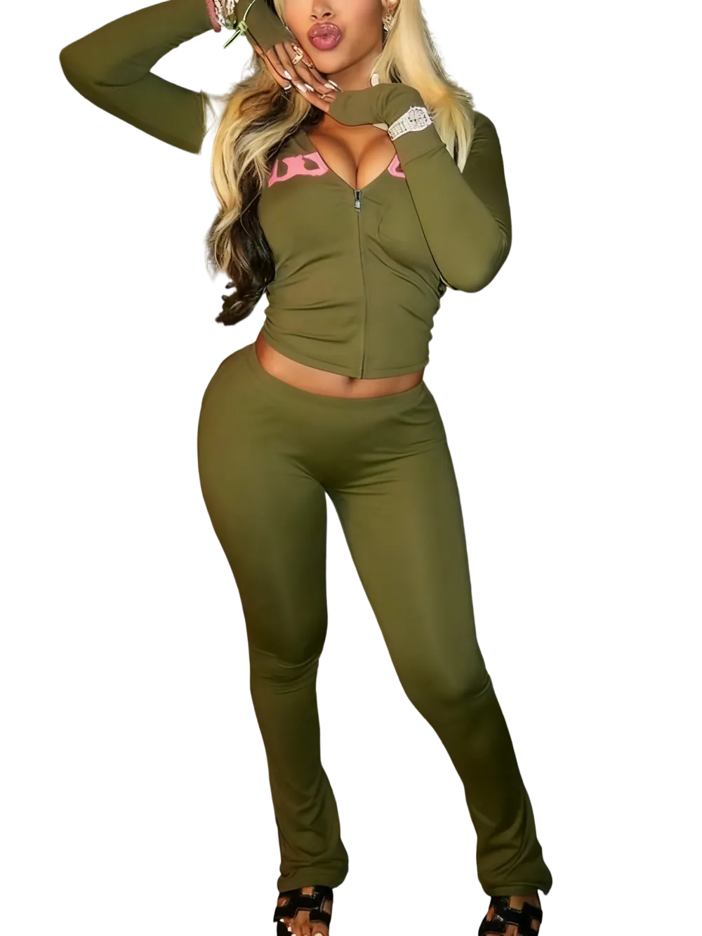 Women's Fall Winter Hooded Letter Print Zipper Jacket and Pants Set