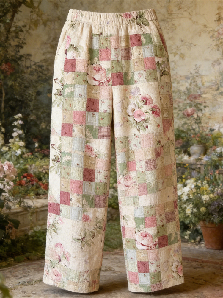 Boho Floral Patchwork Pattern Vintage Women's Linen Trousers
