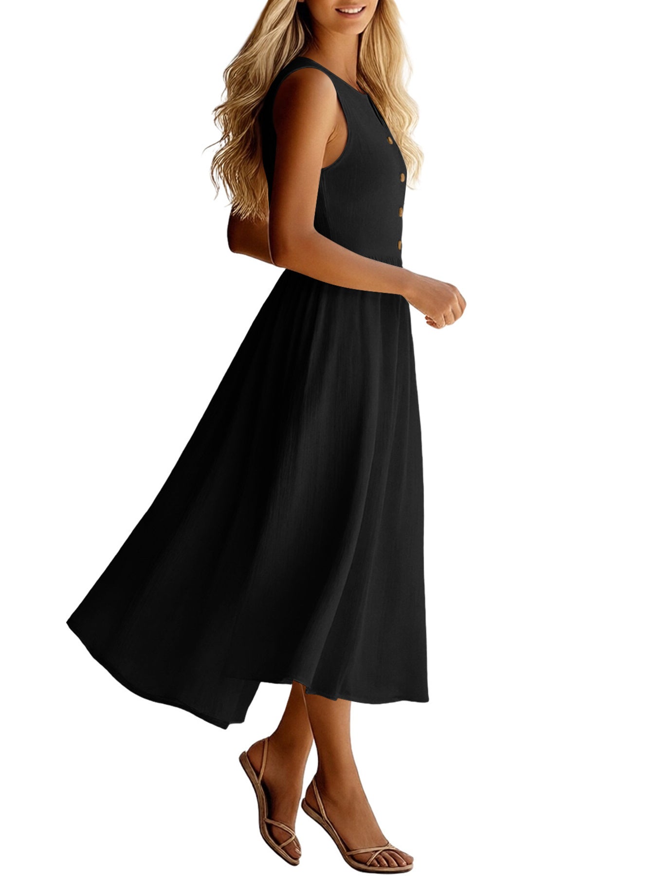 Sleeveless Button Front Flowy Midi Dress