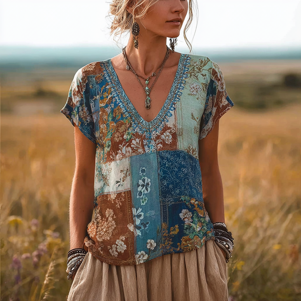 Bohemian Style Plant And Flower Pattern Women's Cotton And Linen T-shirt