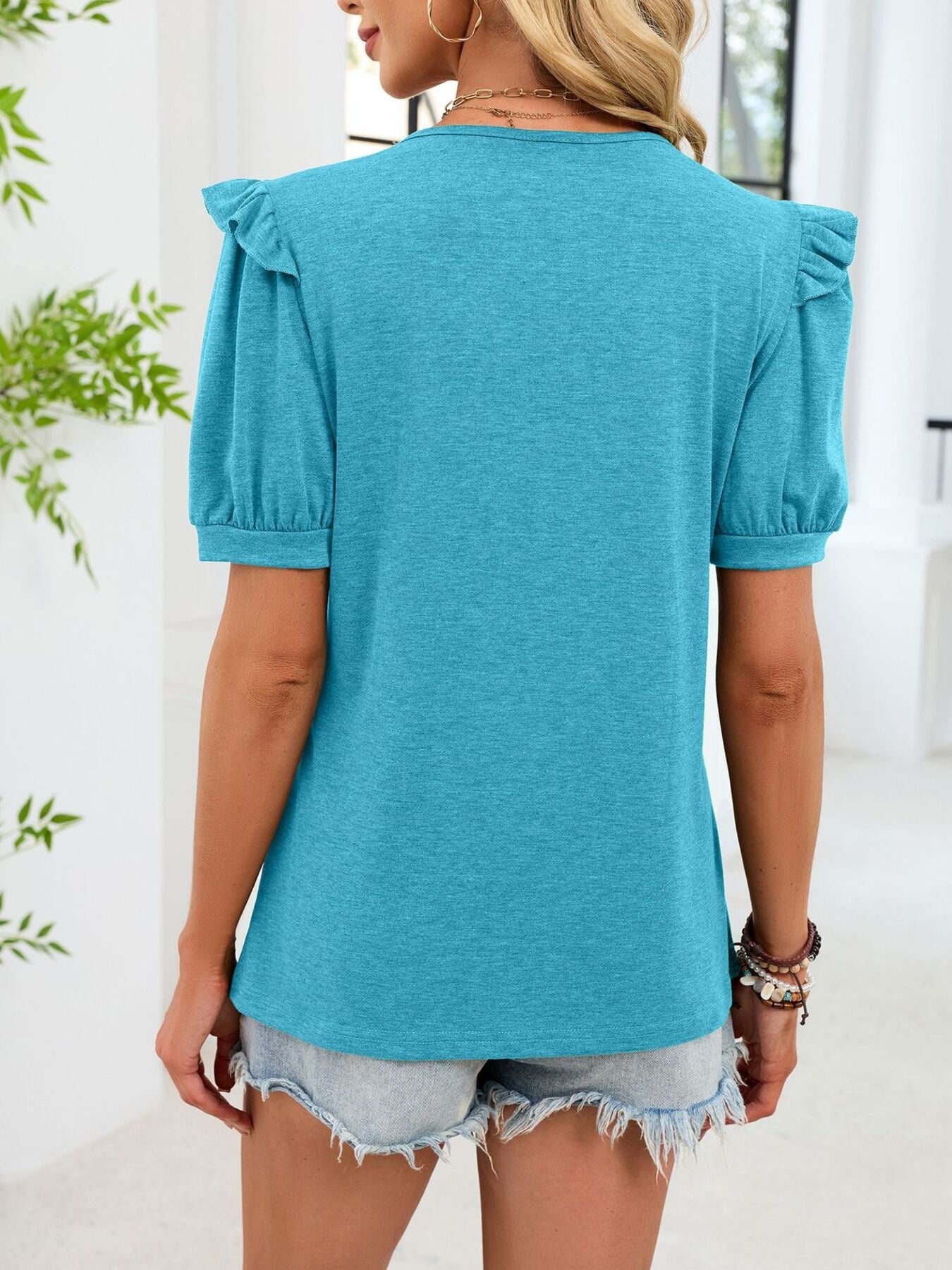 Ruffled Solid Color Short Sleeve T-Shirt