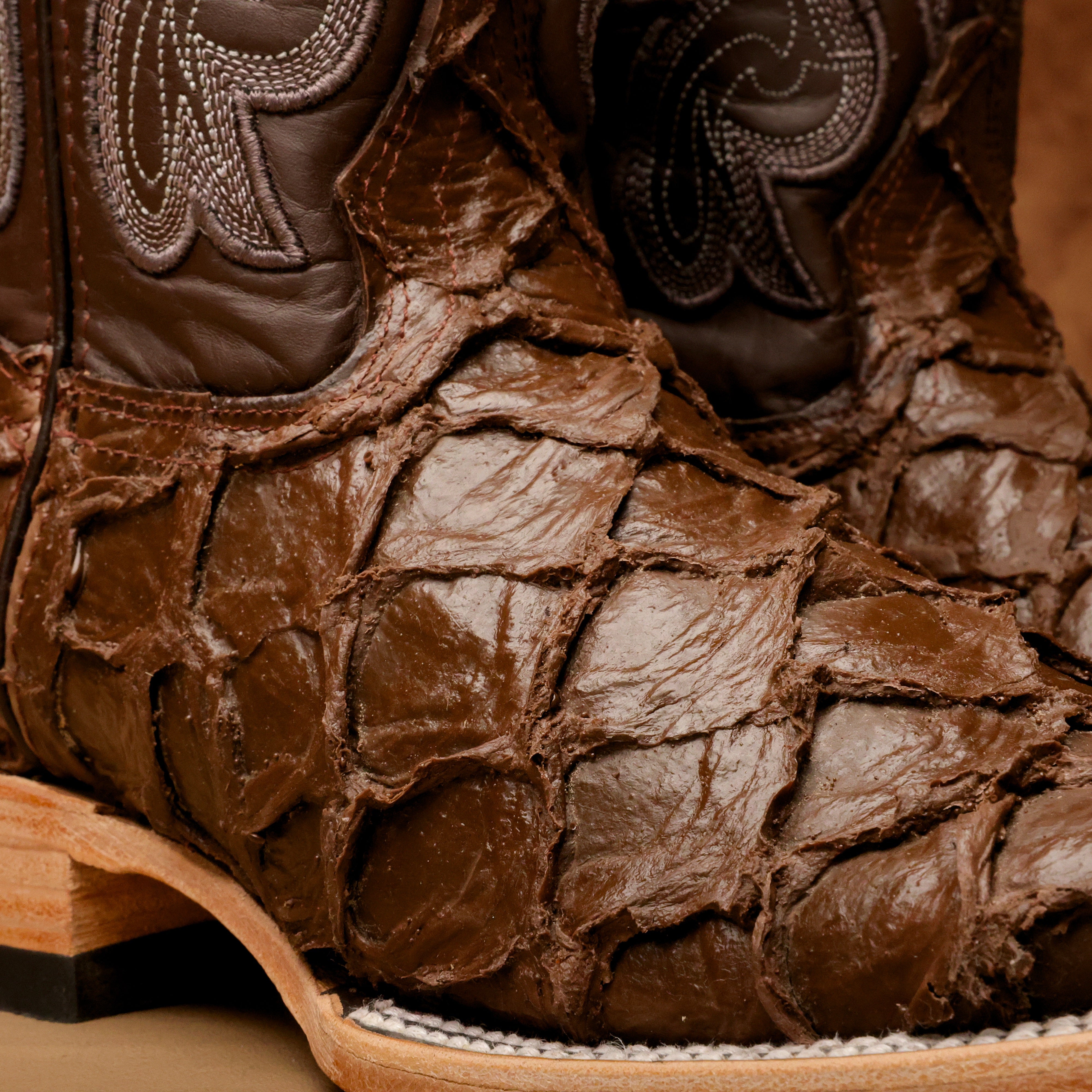 Matte Brown Jumbo Pirarucu Leather Boots - Square Toe