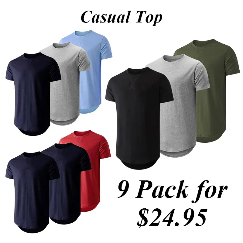 9PACK-Hipster Hip Hop Longline Crewneck Shortsleeve T-Shirt,Menswear Casual Streetwear Tshirt Tops